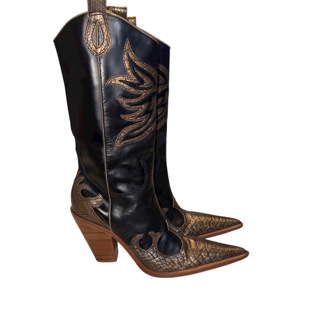 Para Raio Brazil 70’s Western Giddy Up Black Gold Metallic Leather Cowboy Boots - Picture 3 of 17